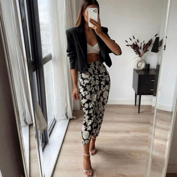 Zara Women's Black White Floral PaisleyRuched  High Waisted Maxi Slip Skirt S - Picture 2 of 7